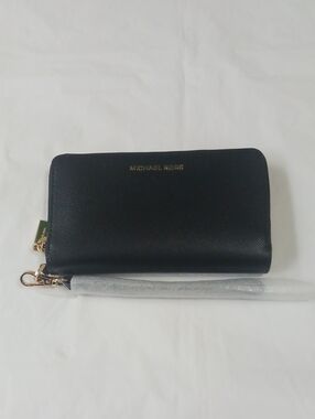 Michael Kors Black Saffiano Zip-Around Wallet with Gold Hardware